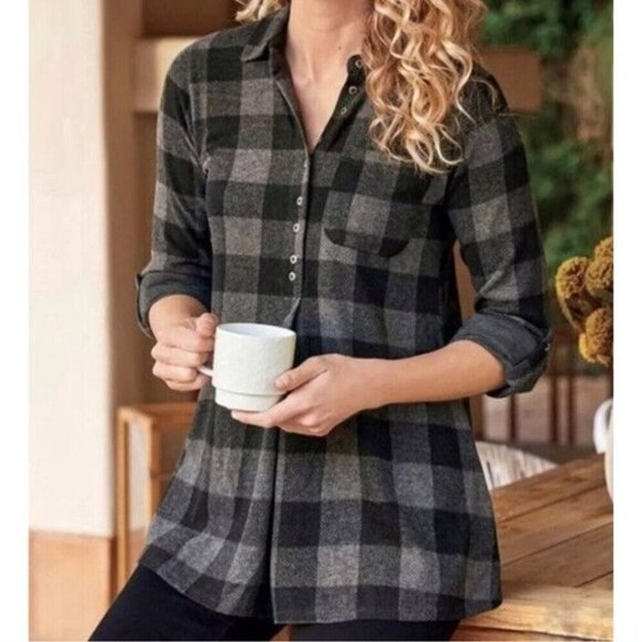 Soft Surroundings Mad About Plaid Tunic Charcoal Buffalo Check Size L - Picture 4 of 11